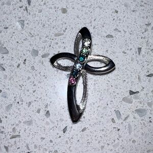 Silver Cross Pendant with Multicolor Gems